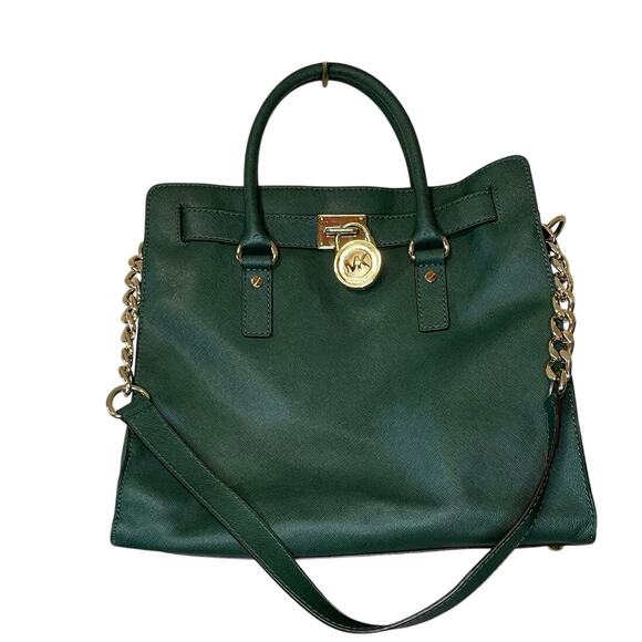 Michael Kors Hamilton Satchel Large Tote Bag W/ Gold Detail Long Strap Green - Picture 1 of 13